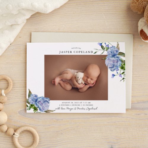Blue Floral Boy Baby Photo Birth Announcement