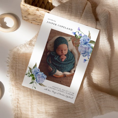 Blue Floral Boy Baby Photo Birth Announcement