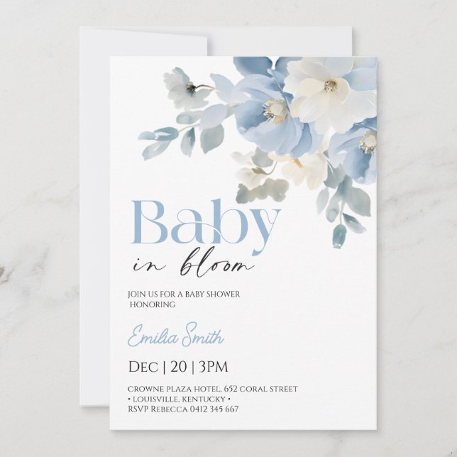  Blue Floral Boy Baby shower  Invitation (Front)