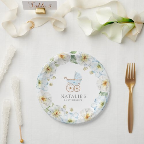 Blue Floral Boy Baby Shower Paper Plate