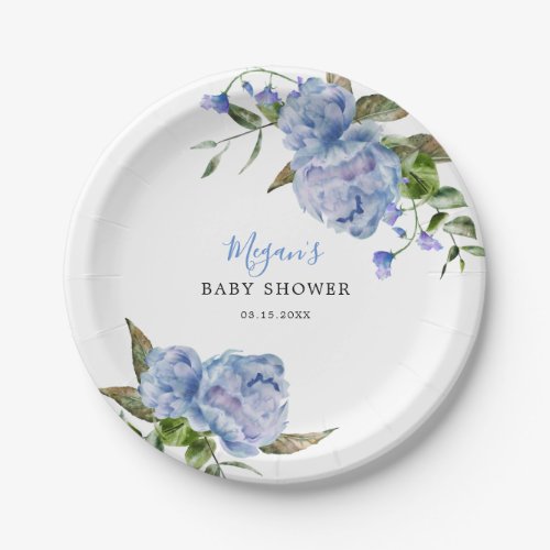 Blue Floral Boy Baby Shower Paper Plates