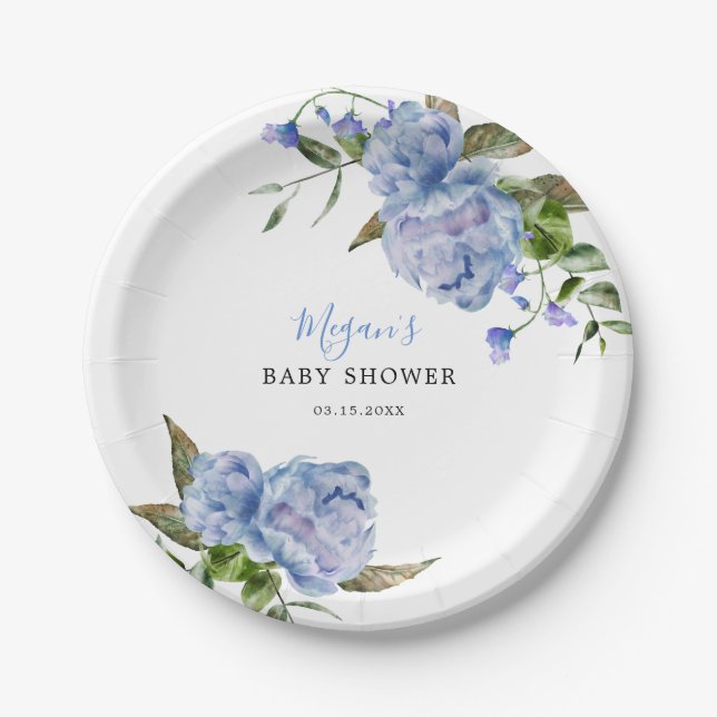 Blue Floral Boy Baby Shower Paper Plates (Front)