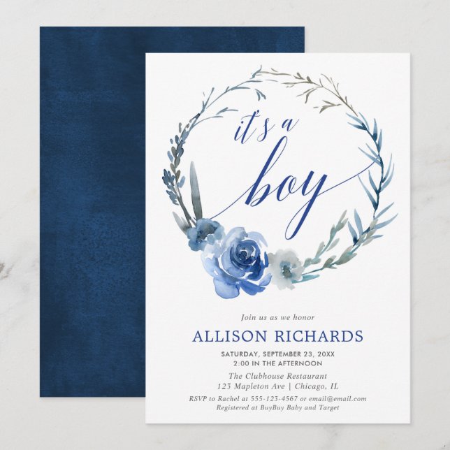 Blue floral boy baby shower, peony wreath elegant invitation (Front/Back)