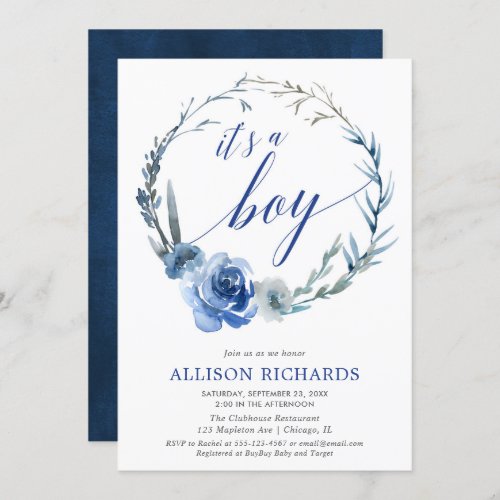 Blue floral boy baby shower peony wreath elegant invitation