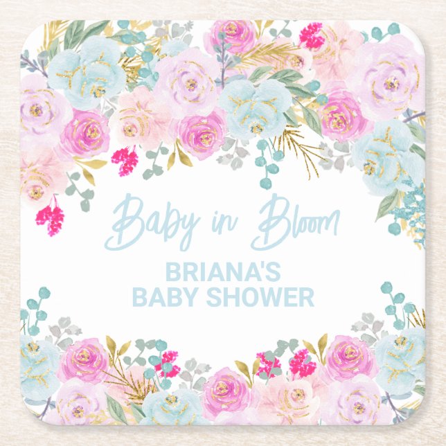 Blue Floral Boy Baby Shower Square Paper Coaster (Front)