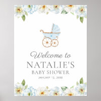 Blue Floral Boy Baby Shower Welcome Poster