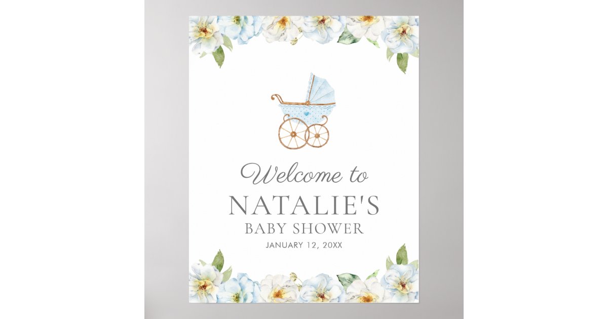 Blue Floral Boy Baby Shower Poster Zazzle