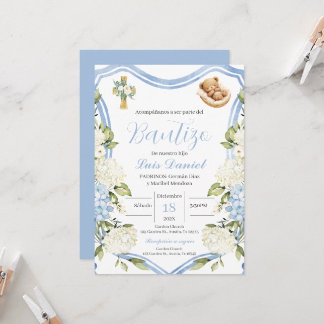 Blue floral boy baptism invitation Spanish (Front/Back In Situ)