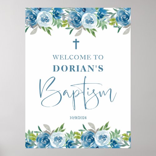 Blue Floral Boy Baptism  Poster