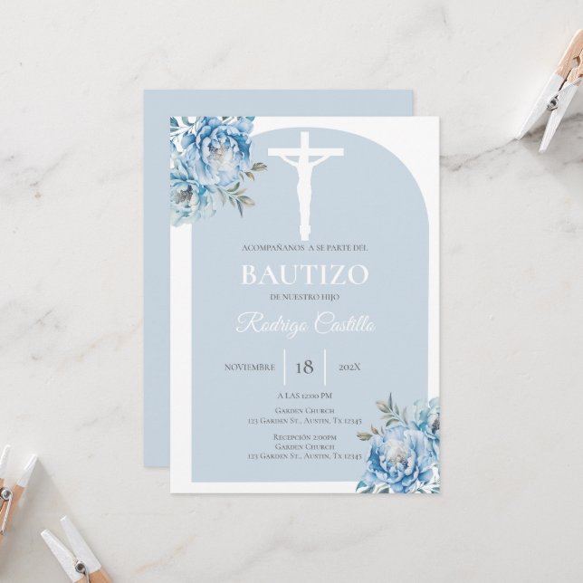 Blue floral boy baptism Spanish Invitation (Front/Back In Situ)