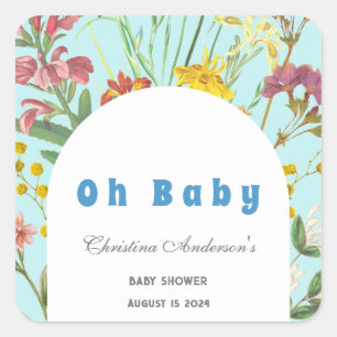 Blue Floral Boy Elegant Square Baby Shower Square Sticker