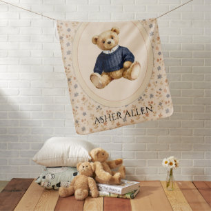 Blue Floral Boy Teddy Bear Personalized Vintage Baby Blanket