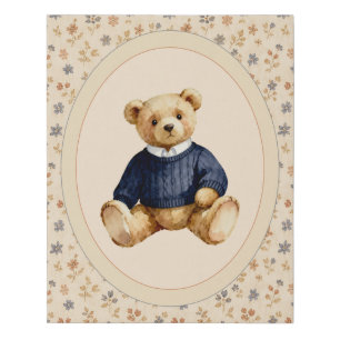 Blue Floral Boy Teddy Bear Vintage  Faux Canvas Print