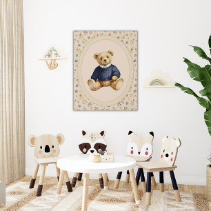 Blue Floral Boy Teddy Bear Vintage  Faux Canvas Print