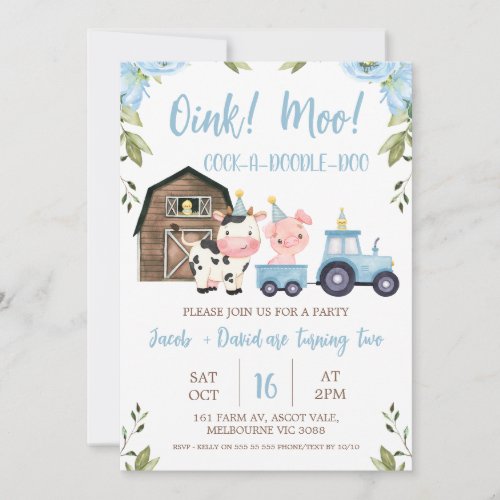 Blue Floral Boy Twins Barn Tractor Farm Birthday