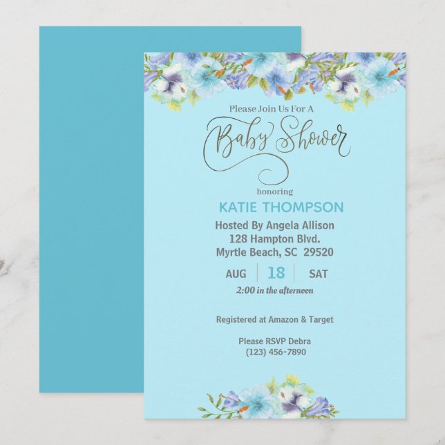 Blue Floral Boys Baby Shower Invitation (Front/Back)