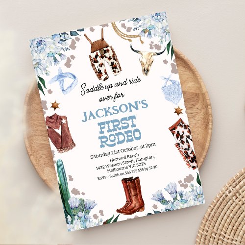 Blue Floral Boys First rodeo 1st birthday Invitation