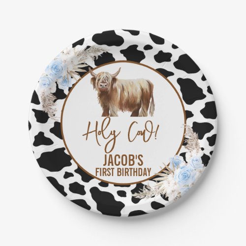 Blue Floral Boys Holy Cow 1st Birthday Paper Plates