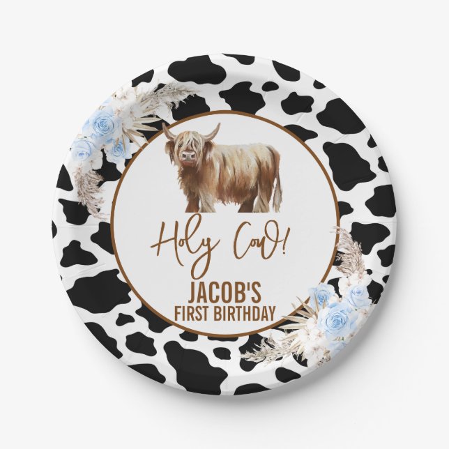 Blue Floral Boys Holy Cow 1st Birthday Paper Plates (Front)