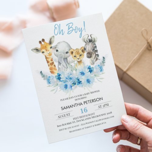 Blue Floral Boys Safari Baby Shower Invitation