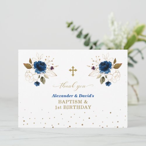 Blue Floral Boys Twins 1st Birthday Baptism Thank You Card