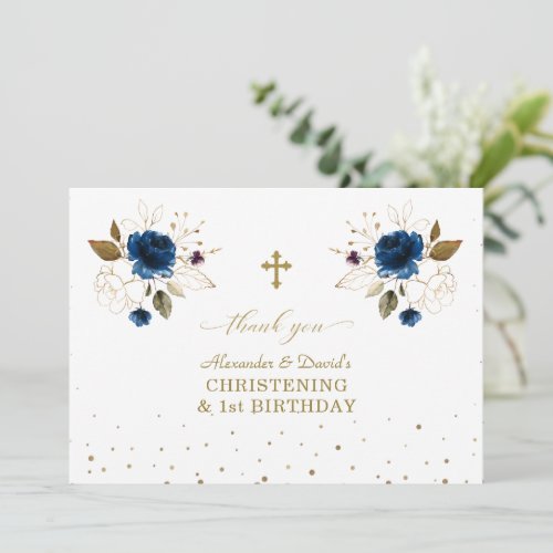 Blue Floral Boys Twins 1st Birthday Christening  Thank You Card