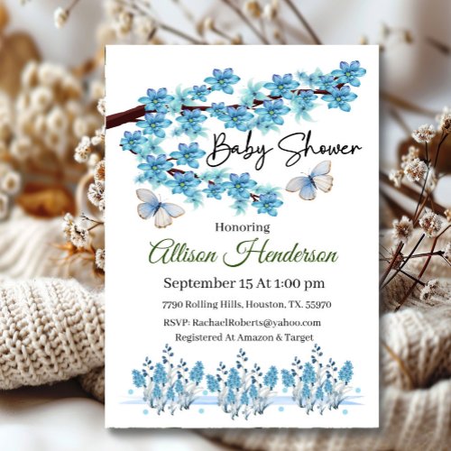 Blue Floral Branch Baby Shower  Invitation