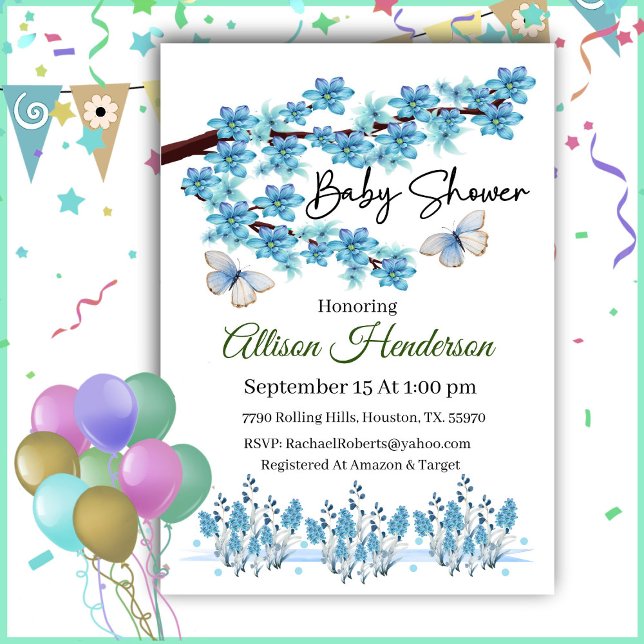 Blue Floral Branch Baby Shower  Invitation (Creator Uploaded)