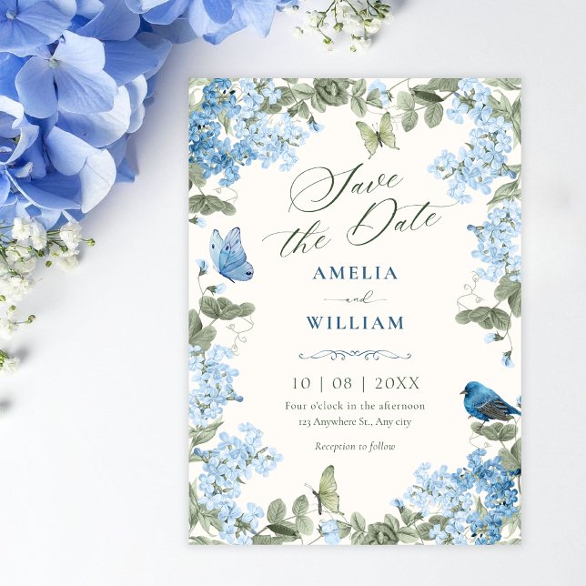 Blue floral branch butterflies bird  save the date (Creator Uploaded)