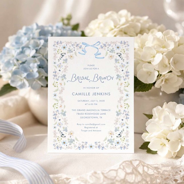 Blue Floral Bridal Brunch with Bow Invitation (Blue Floral Bridal Brunch Invitation)