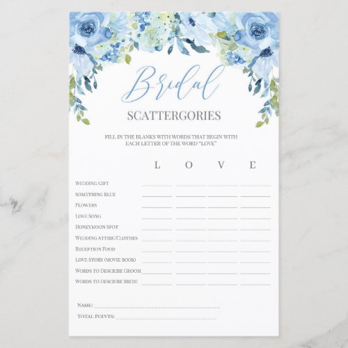 Blue floral bridal Scattergories game editable