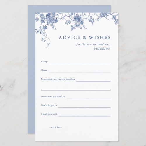 Blue Floral Bridal Shower Advice  Wishes Card