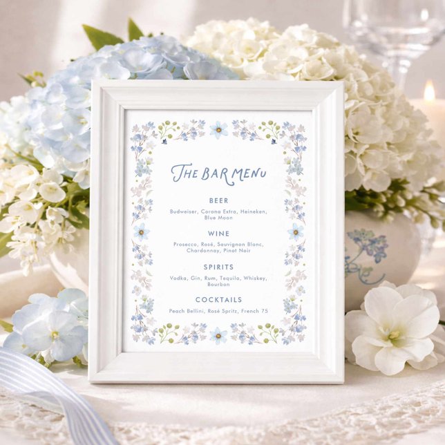 Blue Floral Bridal Shower Bar Menu Poster (Garden Blue Floral Bridal shower Bar menu
)