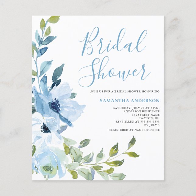 Blue Floral Bridal Shower Budget Invitation Flyer (Front)