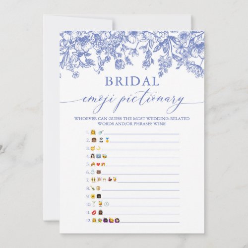 Blue Floral Bridal Shower Emoji Pictionary Game Invitation