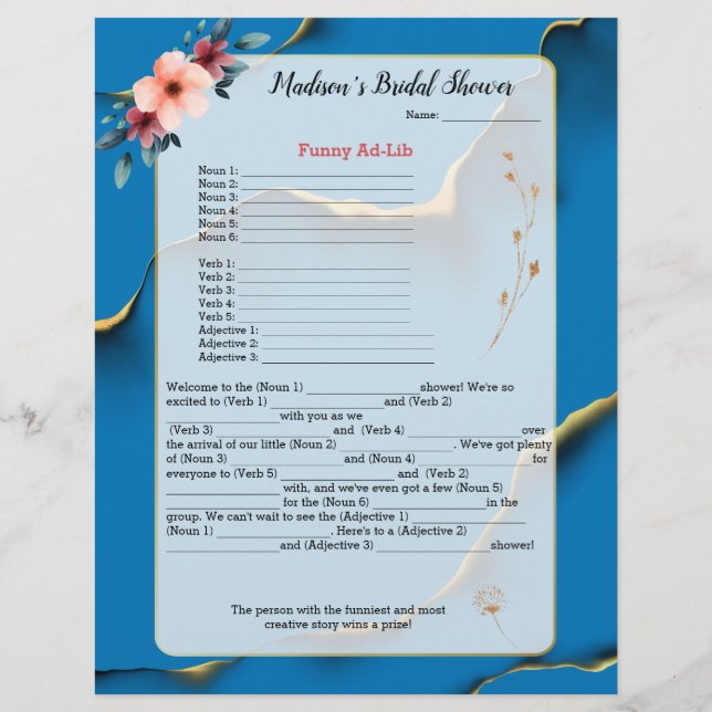 Blue Floral Bridal Shower Icebreaker 💕 5 Word Fun (Back)