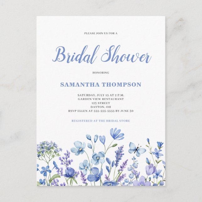 Blue Floral Bridal Shower Invitation  Postcard (Front)