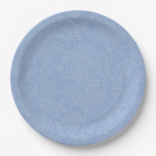 Blue Floral Bridal Shower Paper Dinner Plates (Front)