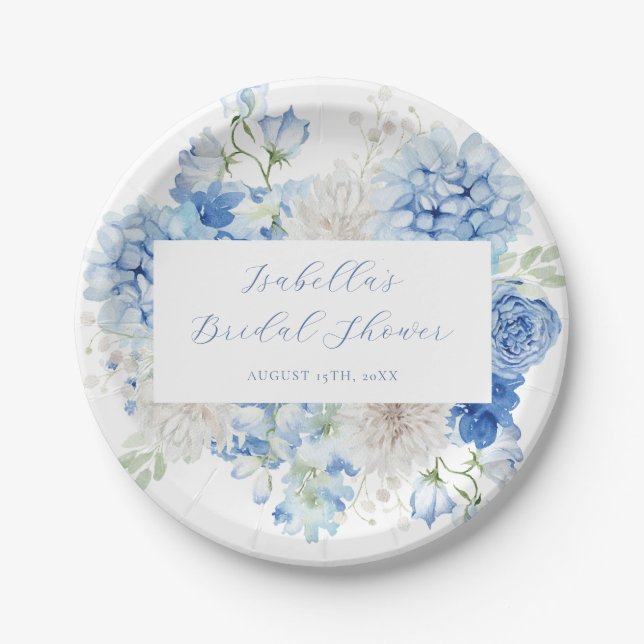 Blue Floral Bridal Shower Paper Plates (Front)