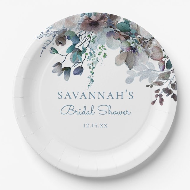 Blue Floral Bridal Shower Paper Plates (Front)