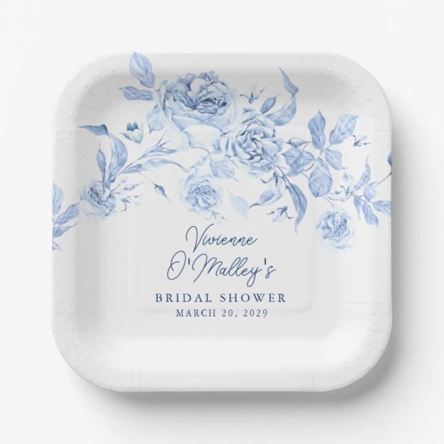 Blue Floral Bridal Shower Paper Plates (Front)