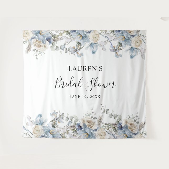 Blue Floral Bridal Shower  Photo Booth Backdrop (Front (Horizontal))