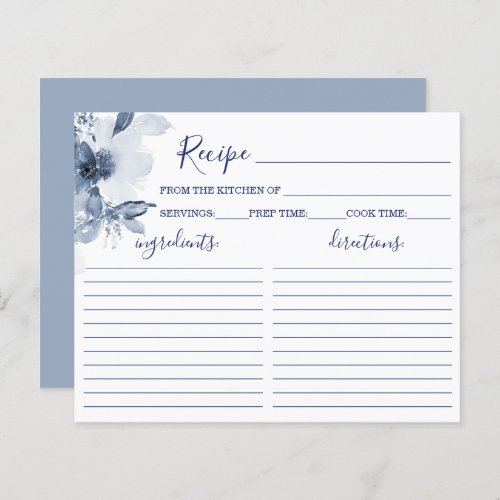 Blue Floral Bridal Shower Recipe Card