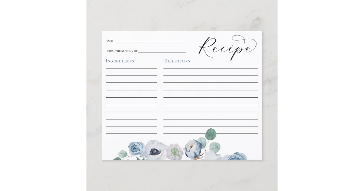 Blue Floral Bridal Shower Recipe card Zazzle