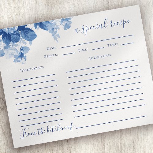 Blue Floral Bridal Shower Recipe Card