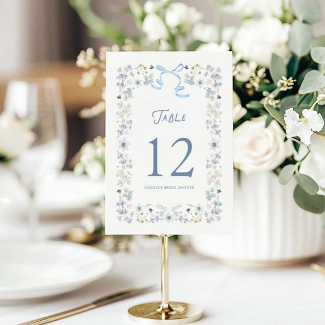 Blue Floral Bridal Shower Table Number Card (Blue Bow and Floral Table Number Card)