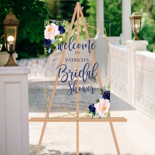 Blue Floral Bridal Shower Welcome Acrylic Sign