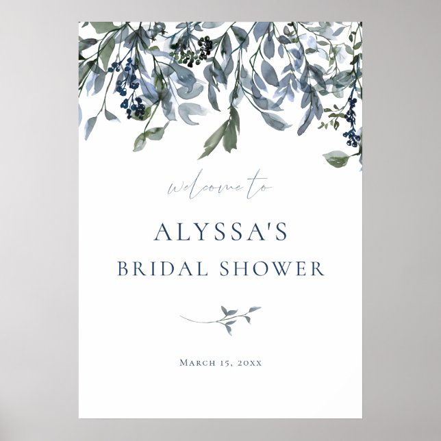 Blue Floral Bridal Shower Welcome Sign (Front)