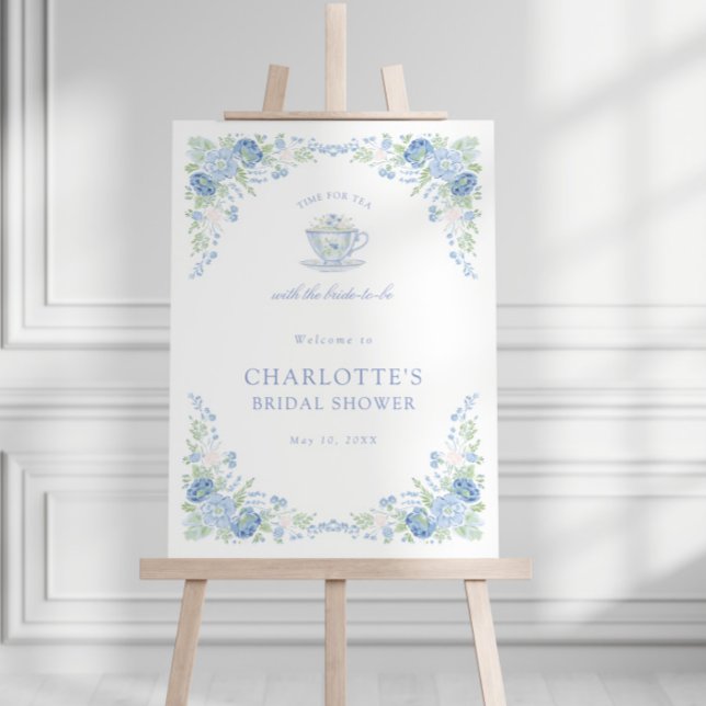 Blue Floral Bridal Tea Party Welcome Foam Board (Creator Uploaded)