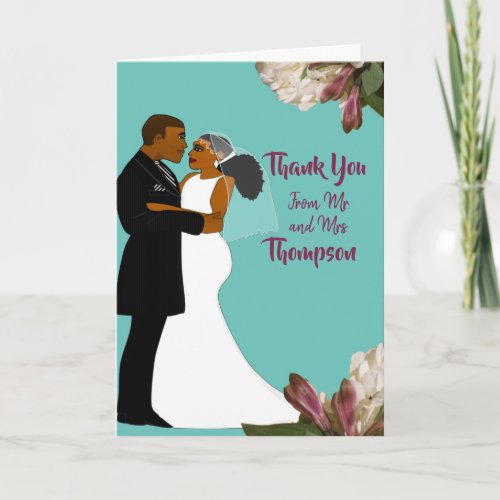 Blue Floral Bride and Groom Thank You Card
